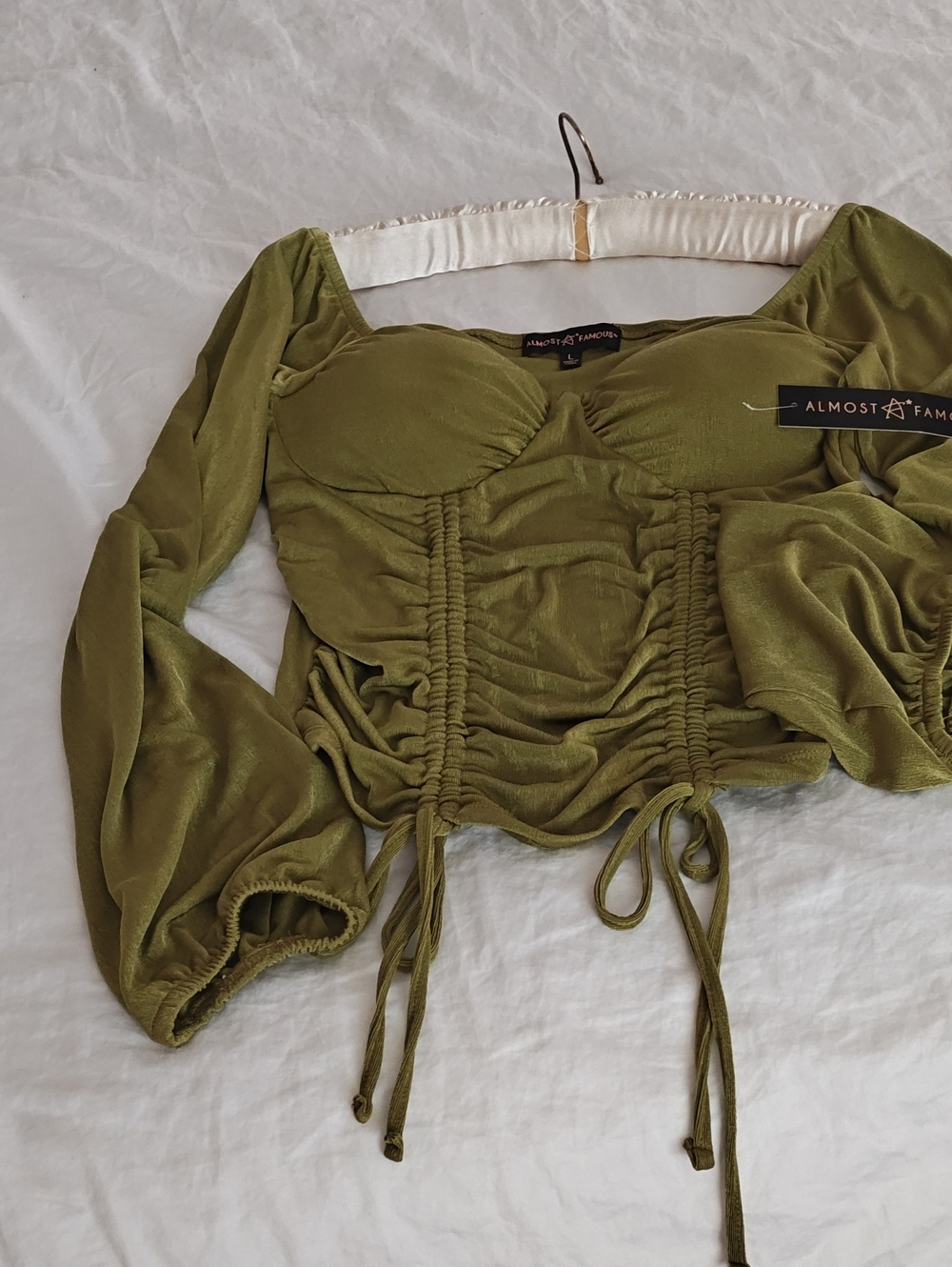 Almost Famous Olive Green Ruched Long-Sleeve Crop Blouse